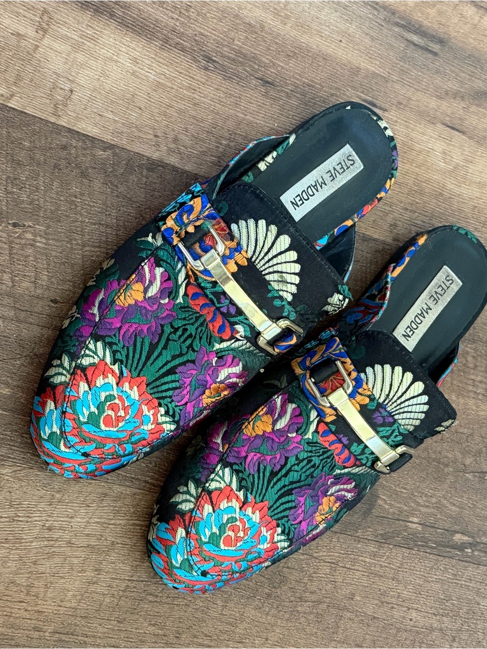 Steve Madden Black Floral Embroidered Slip-On Loafers with Gold Buckle